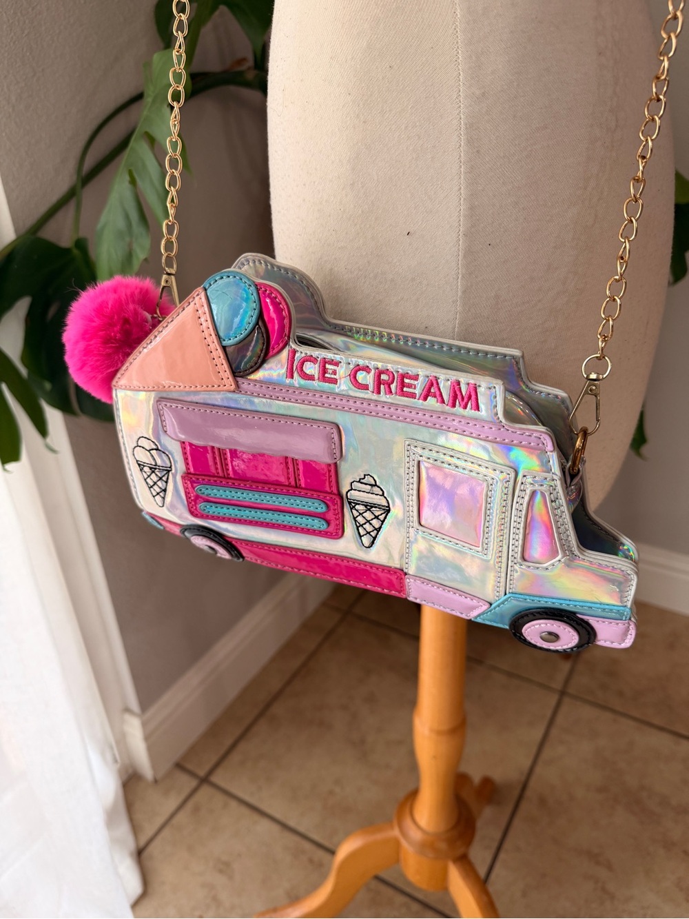 Holographic Ice Cream Truck Crossbody Bag Pink Pom Pom Novelty Purse